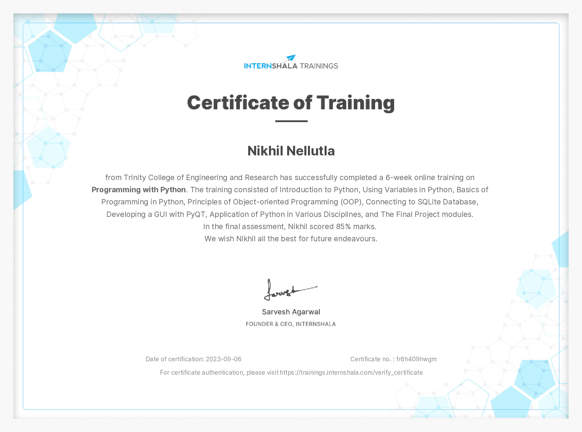 Certificate of completion