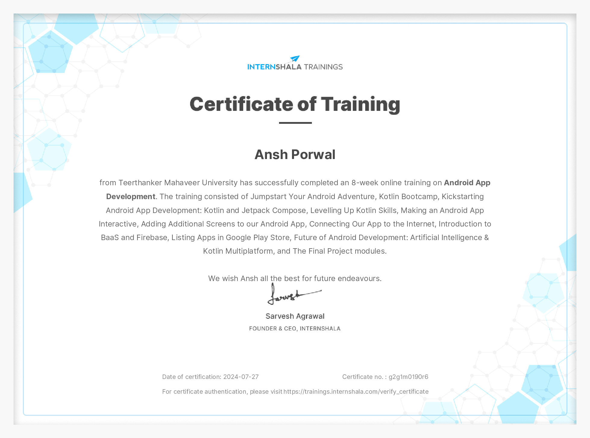 Certificate of completion