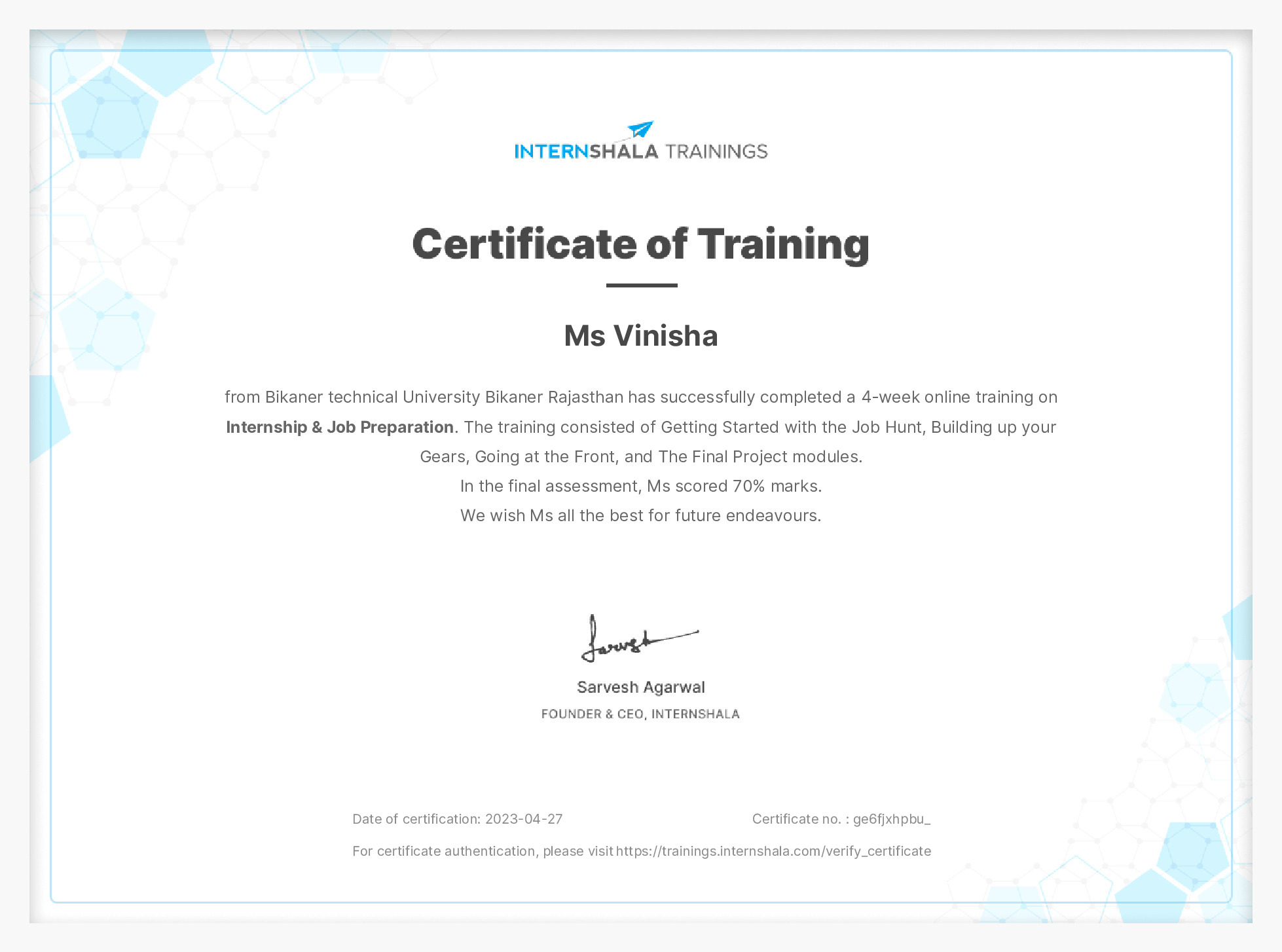 Certificate of completion