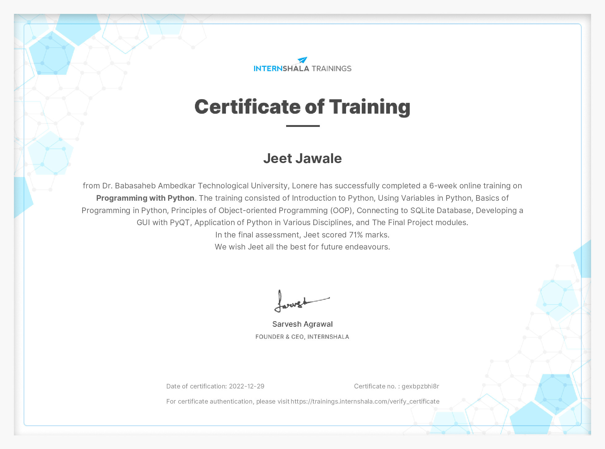 Certificate of completion