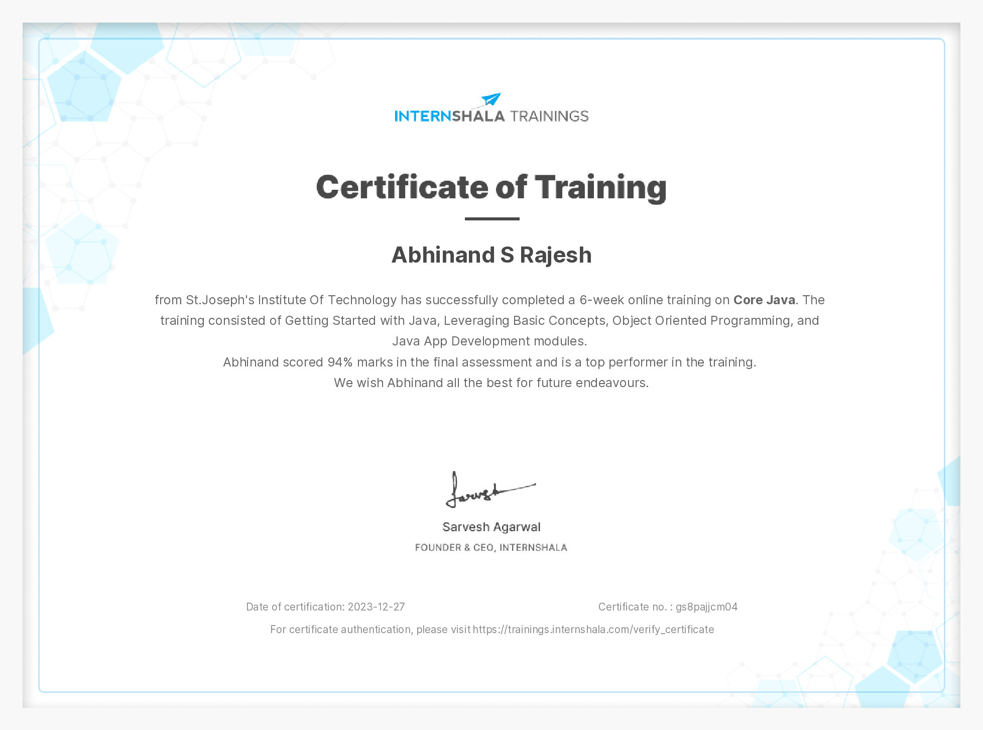Certificate of completion