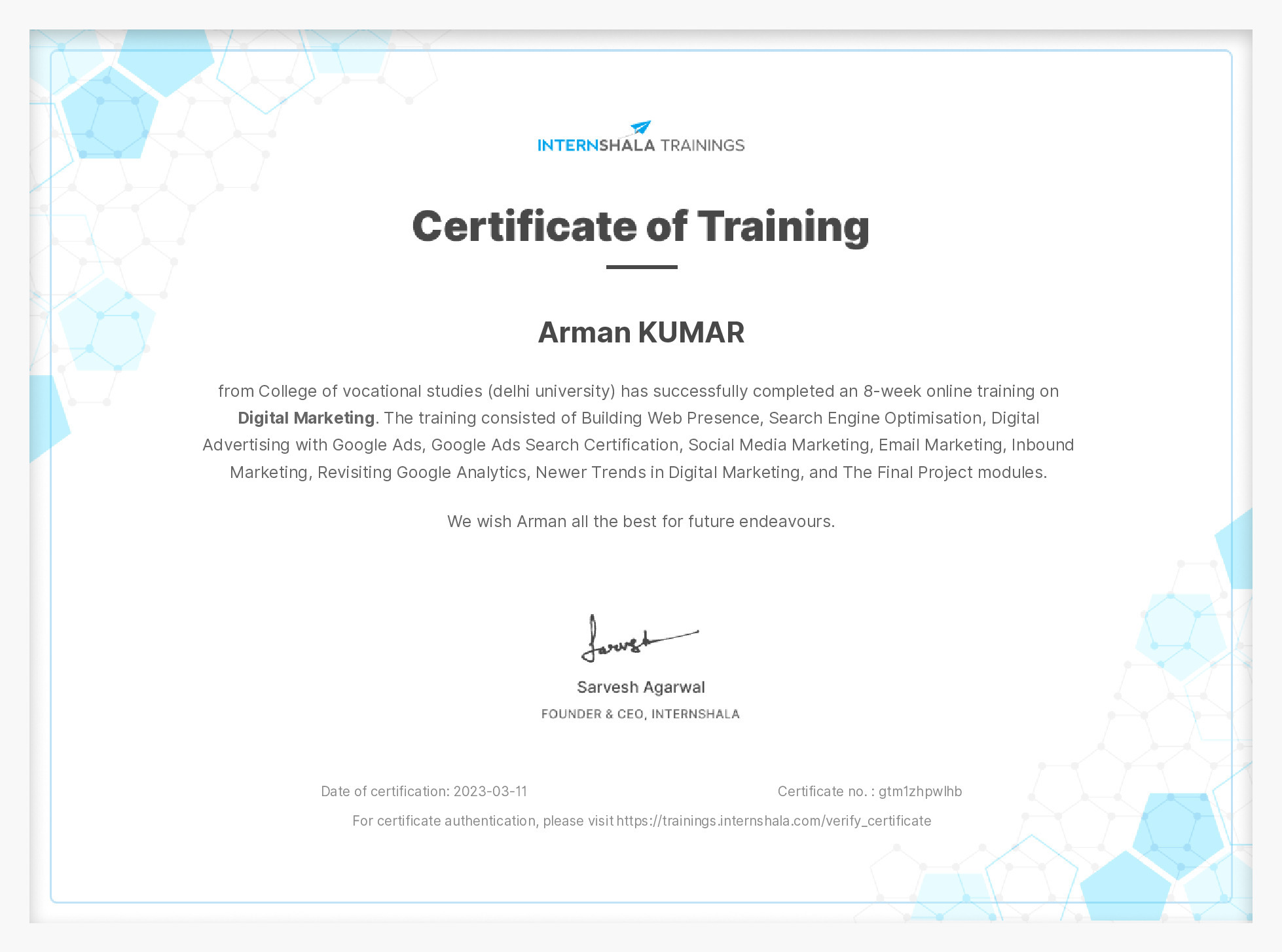 Certificate of completion