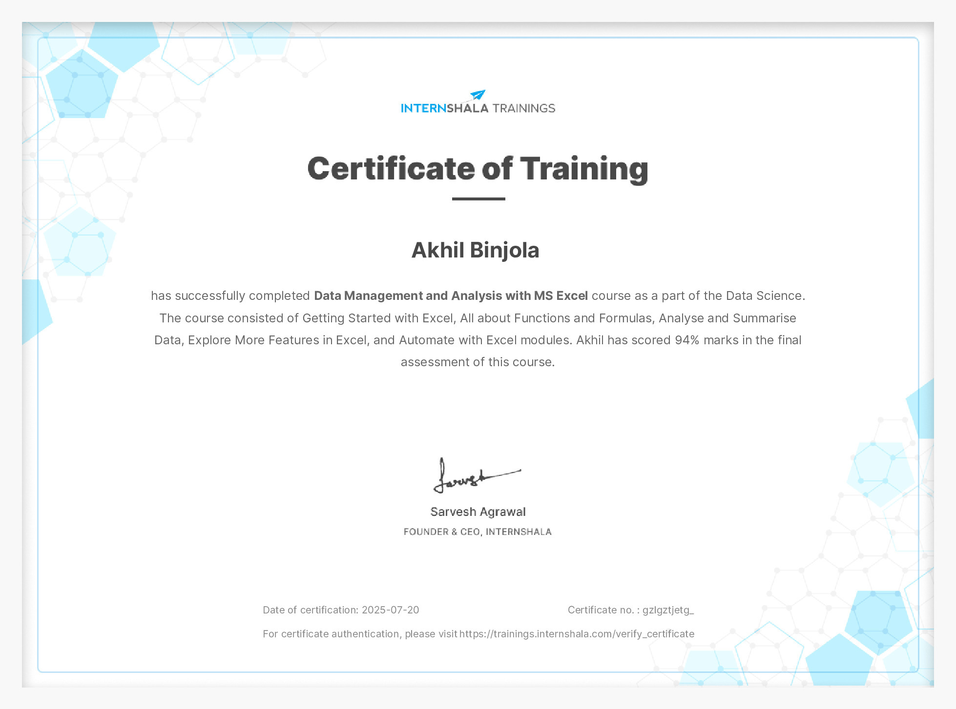 Certificate of completion