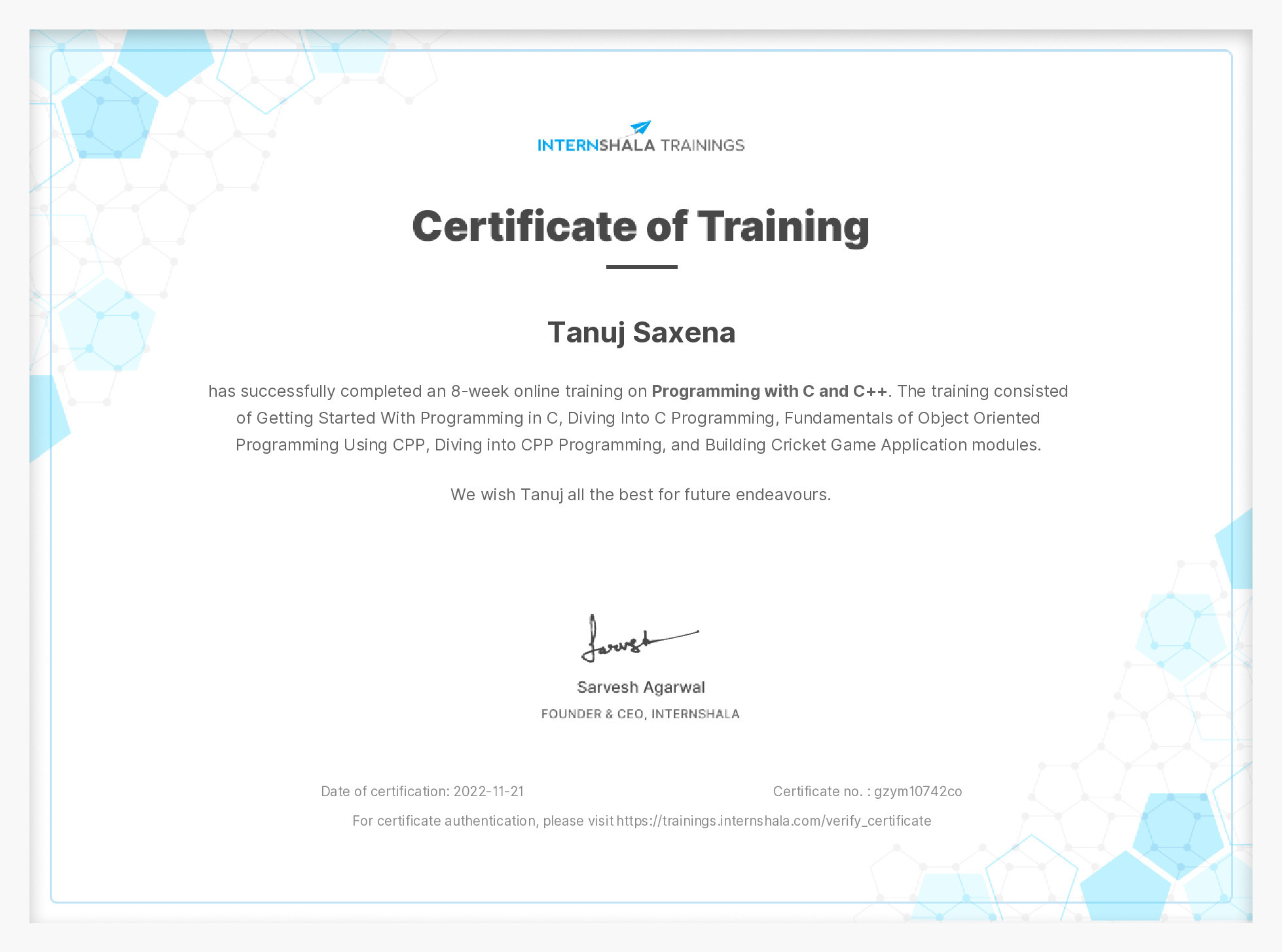 Certificate of completion
