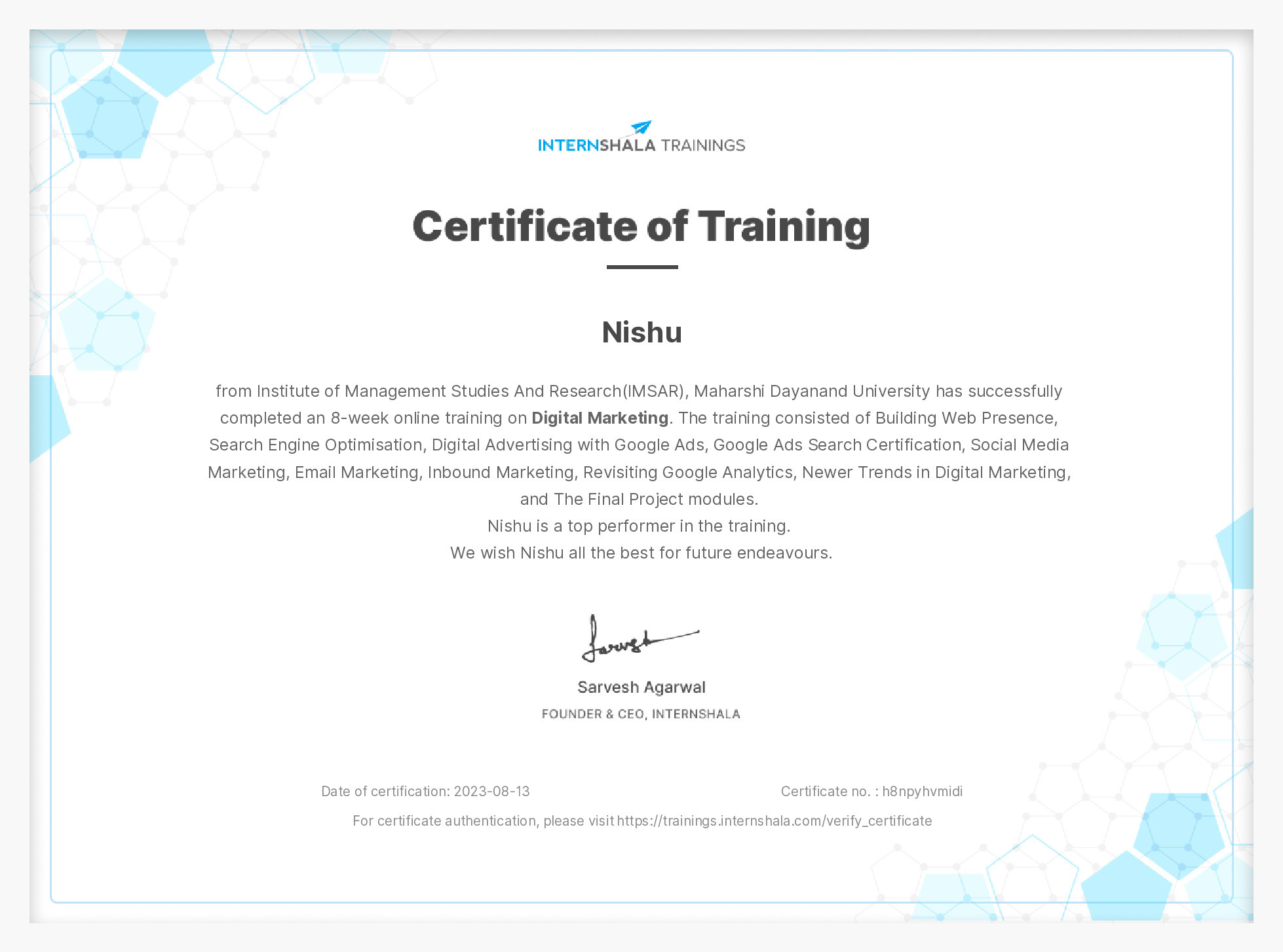 Certificate of completion