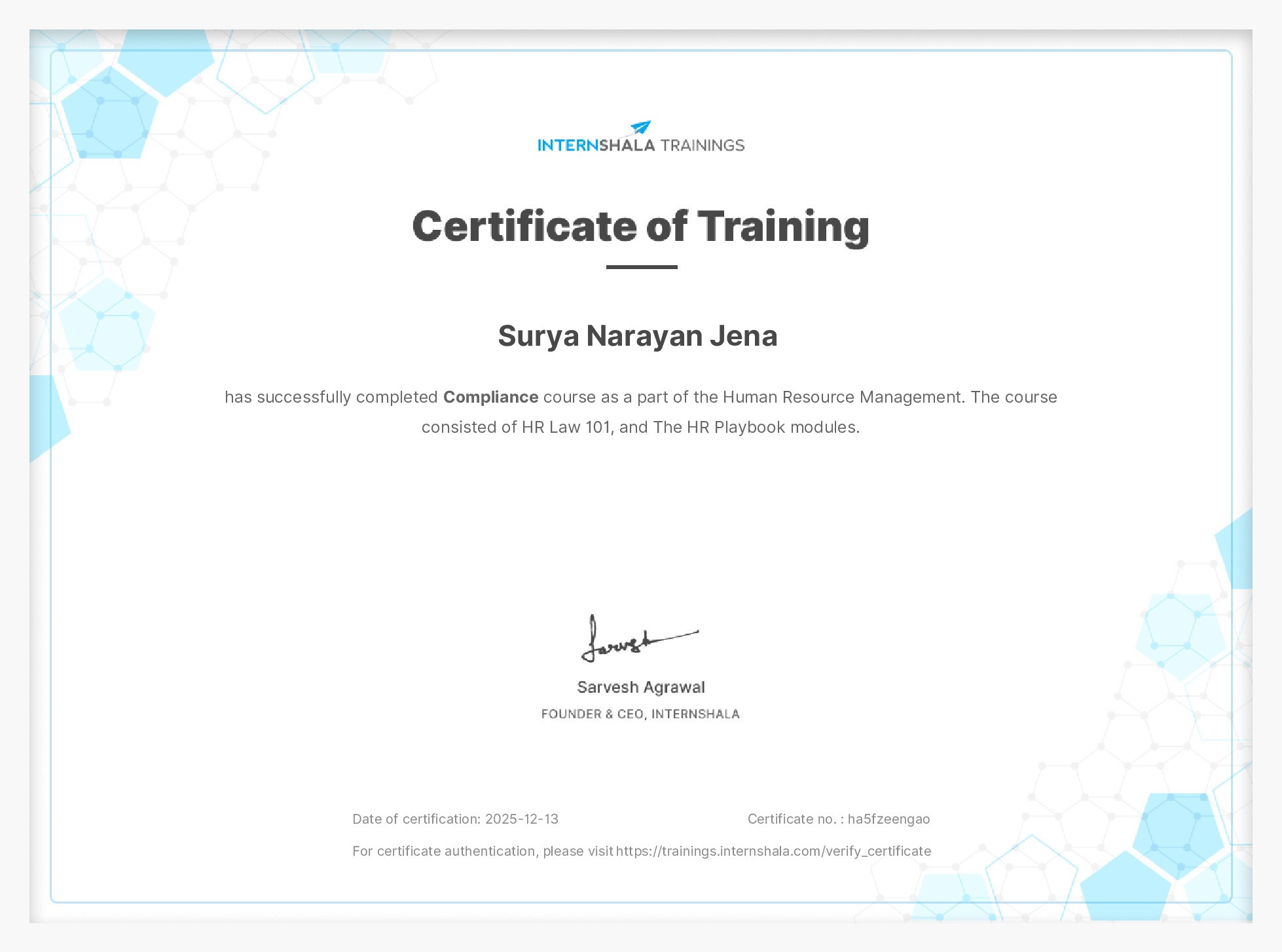 Certificate of completion