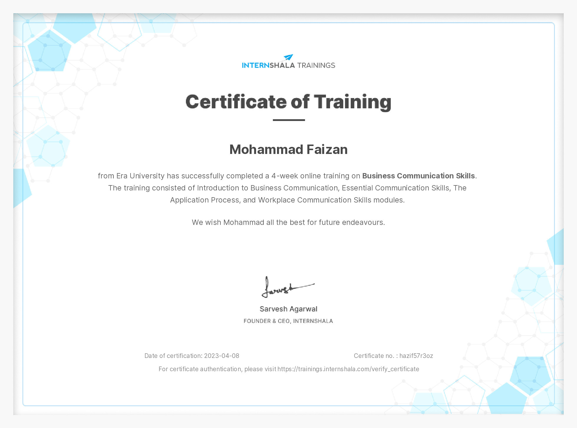 Certificate of completion