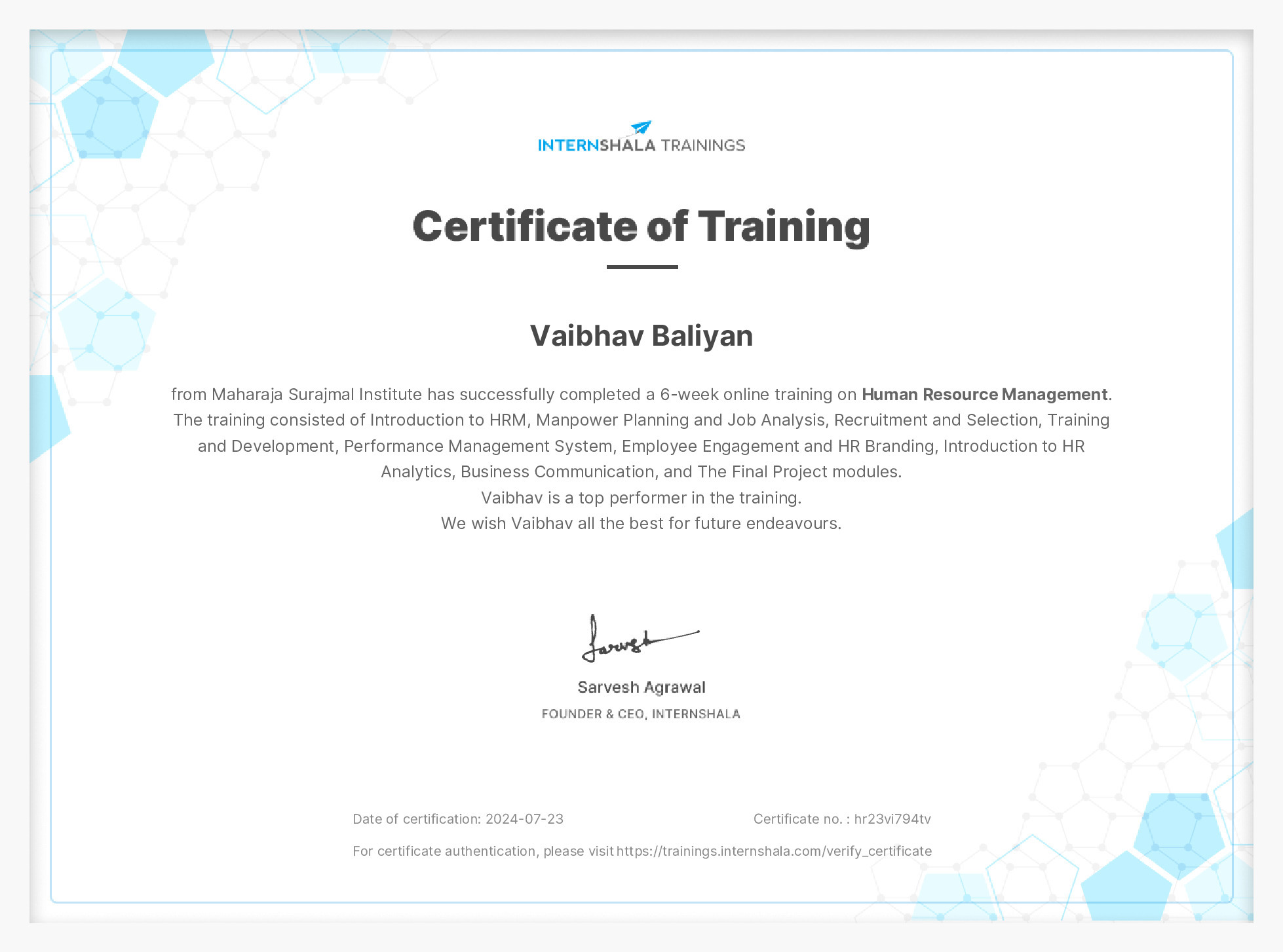 Certificate of completion