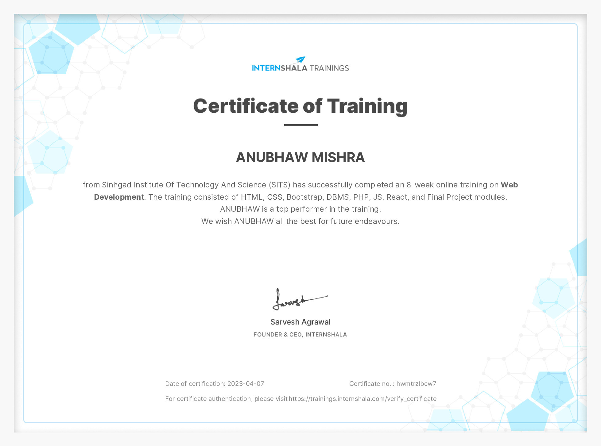 Certificate of completion