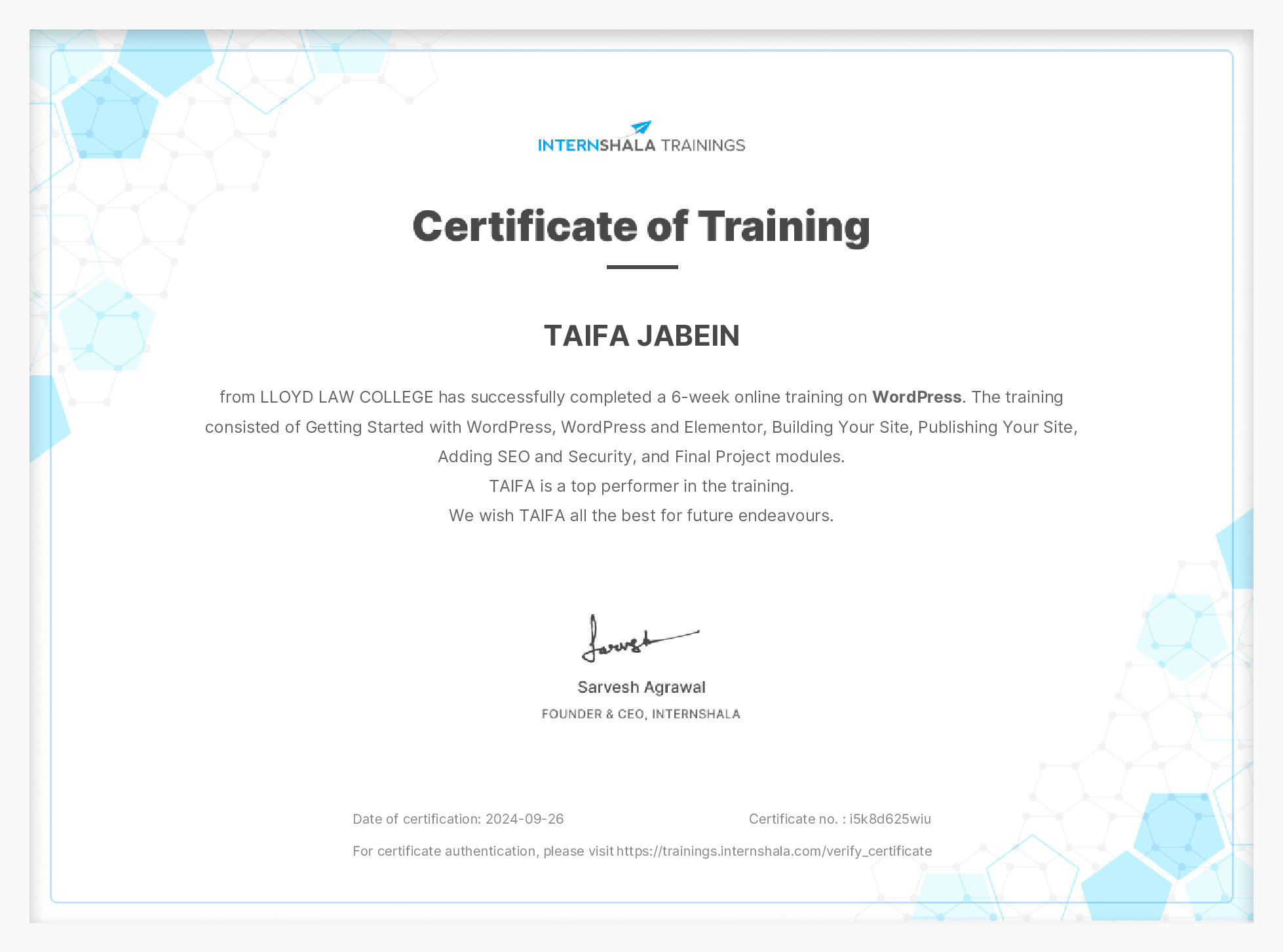 Certificate of completion