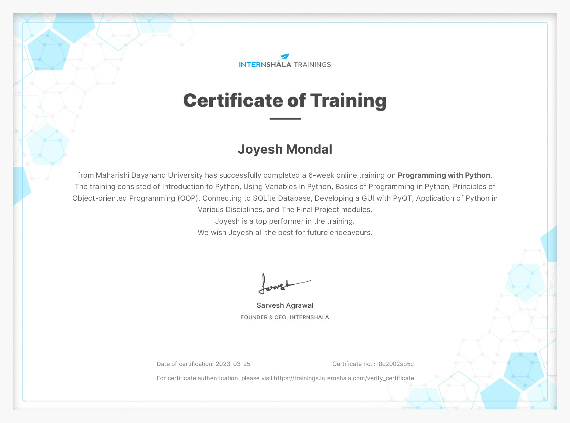 Certificate of completion