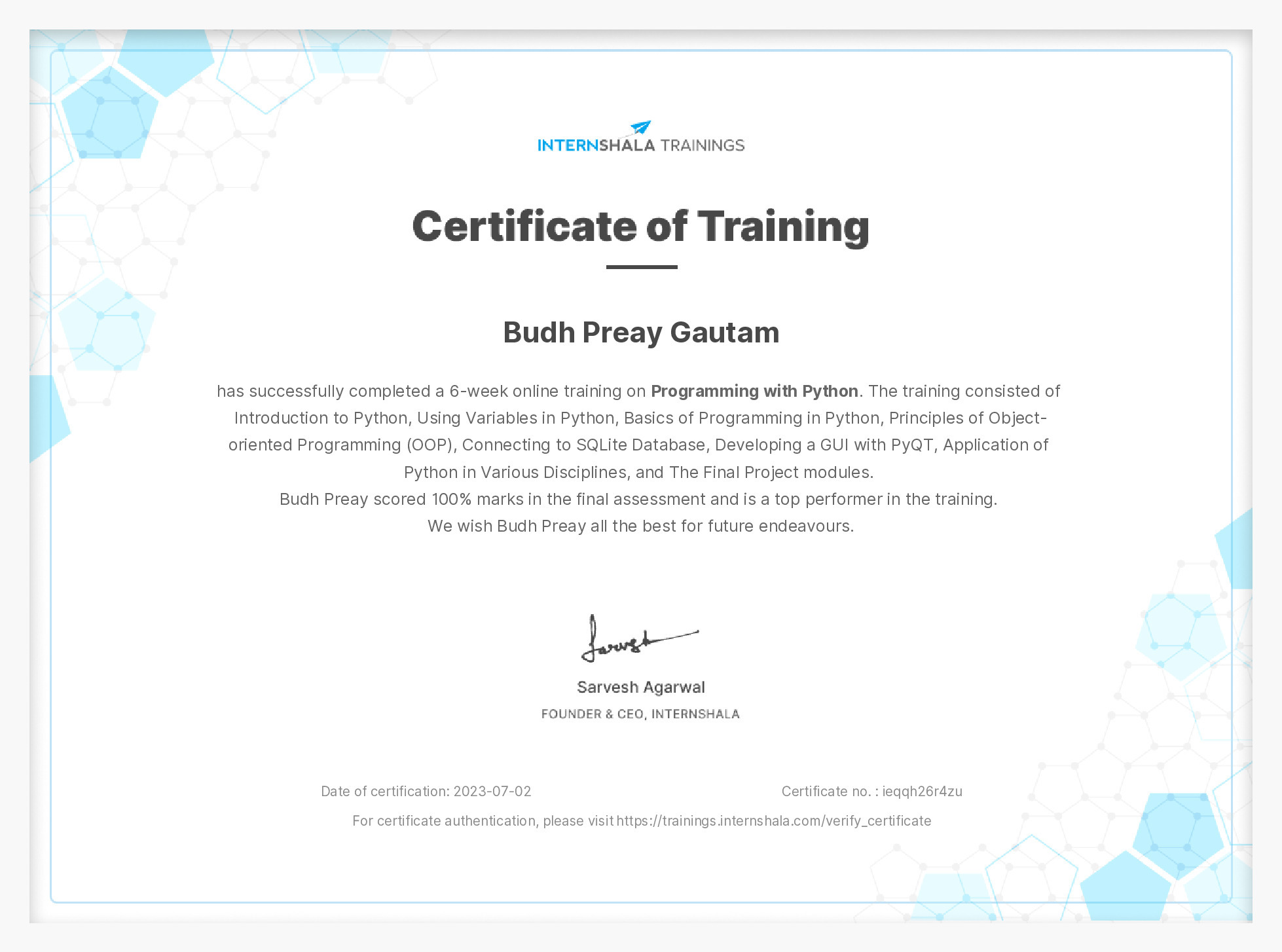 Certificate of completion