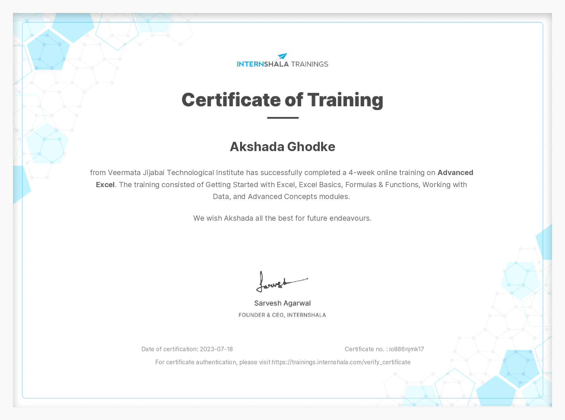 Certificate of completion