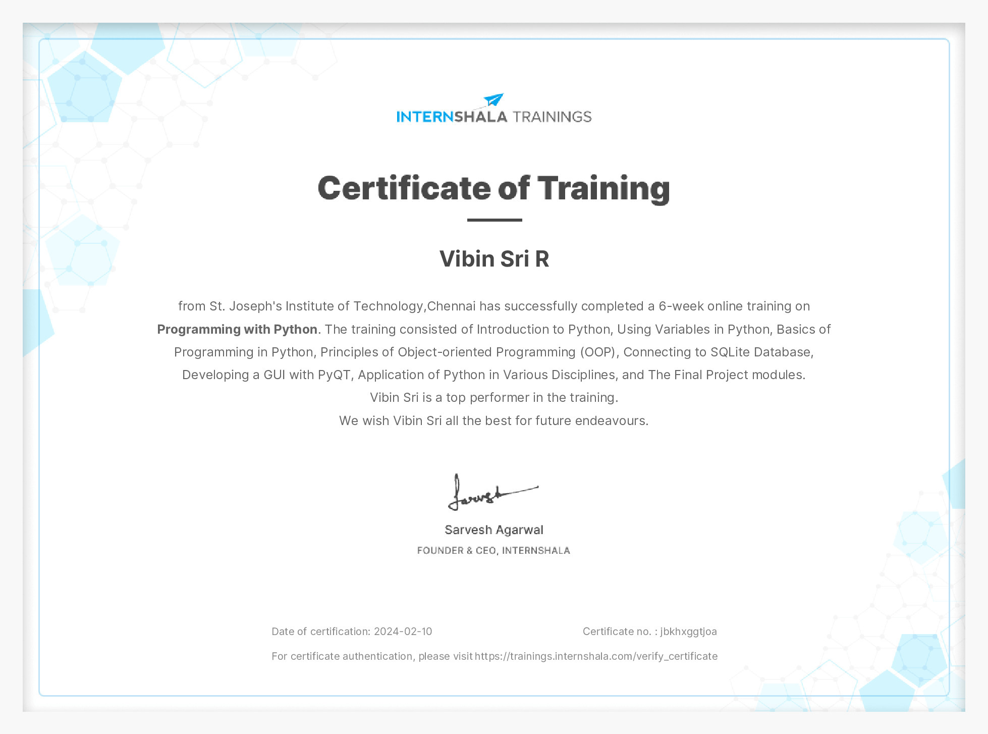 Certificate of completion