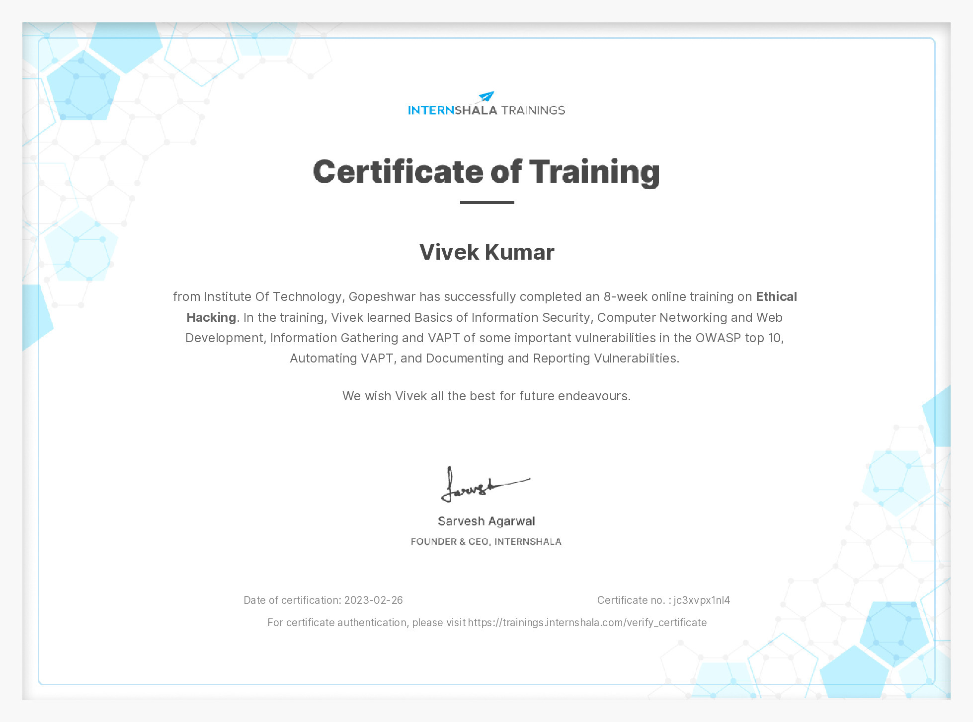 Certificate of completion