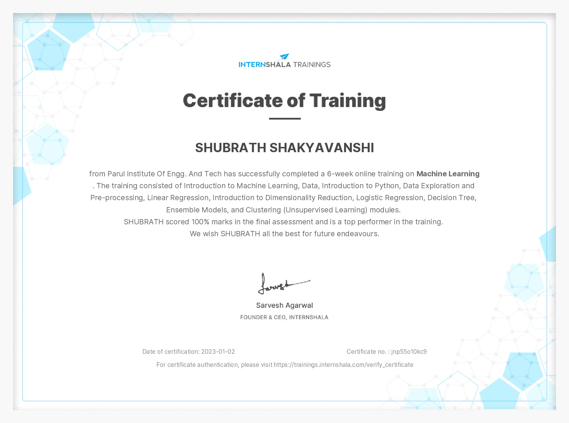 Certificate of completion