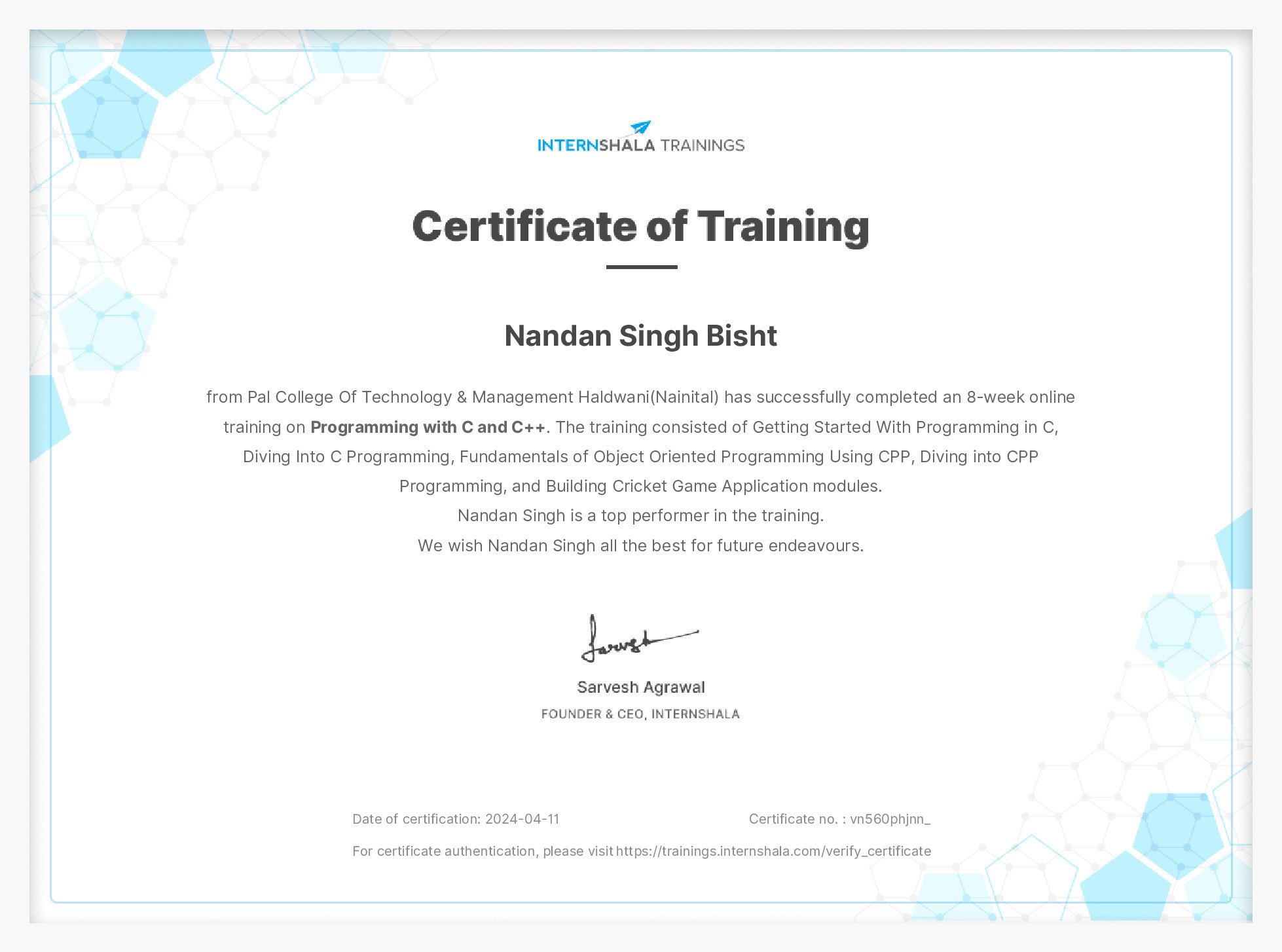 Certificate of completion