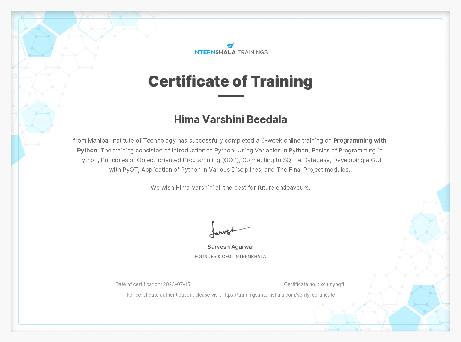 Certificate of completion