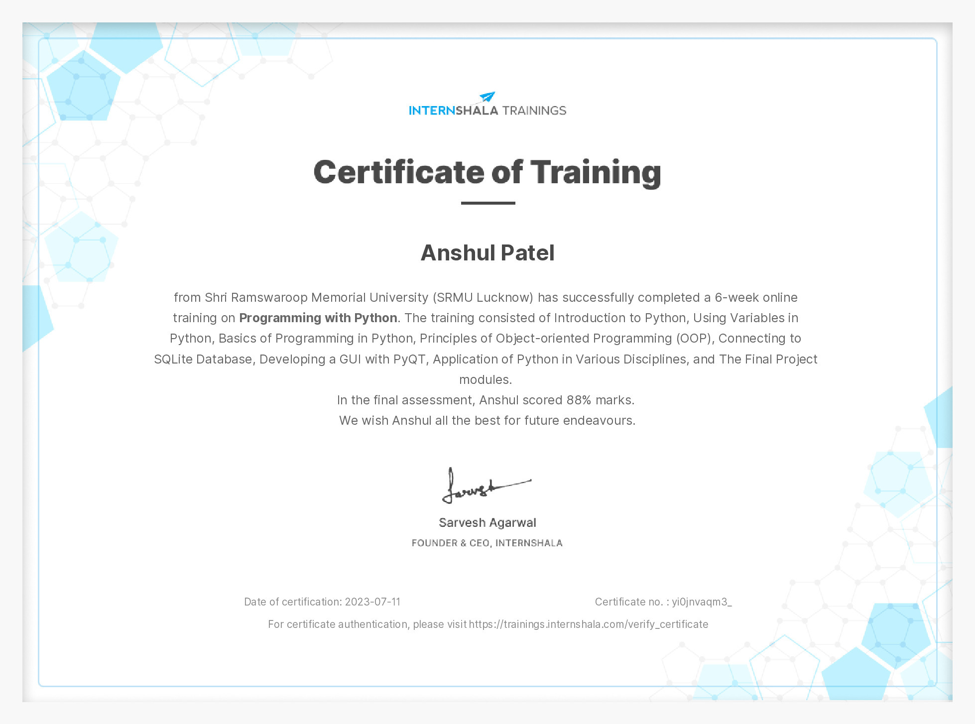 Certificate of completion