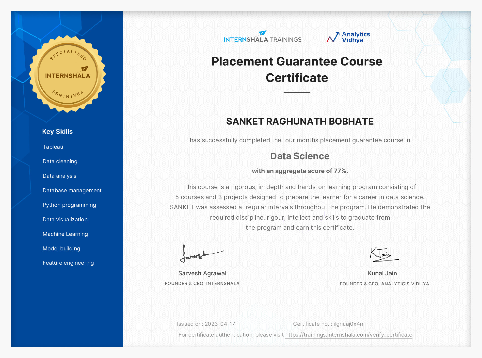 Certificate of completion